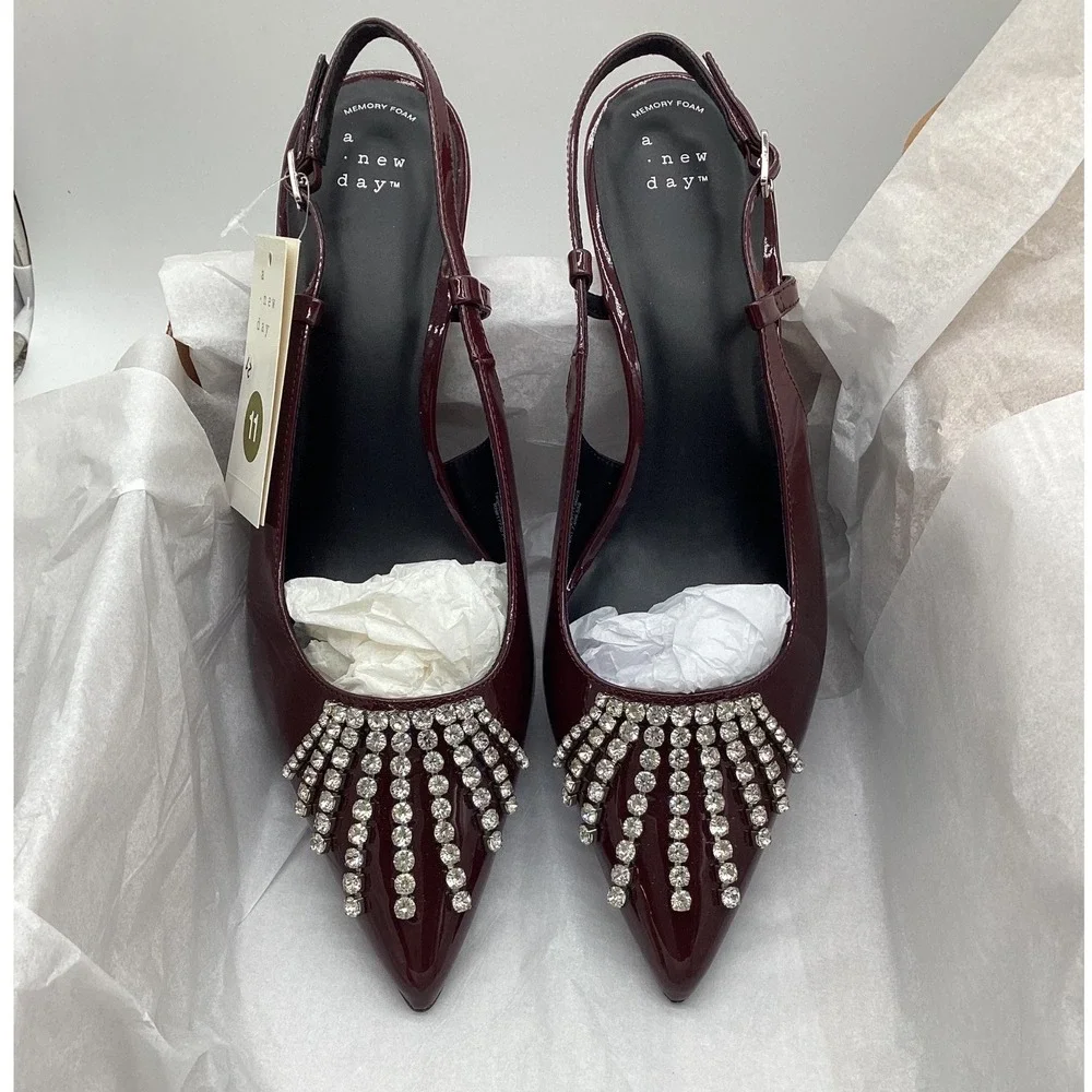 A New Day Womens Burgundy Patent Rhinestone‎ Slingback Kitten Heel Pumps Size 11